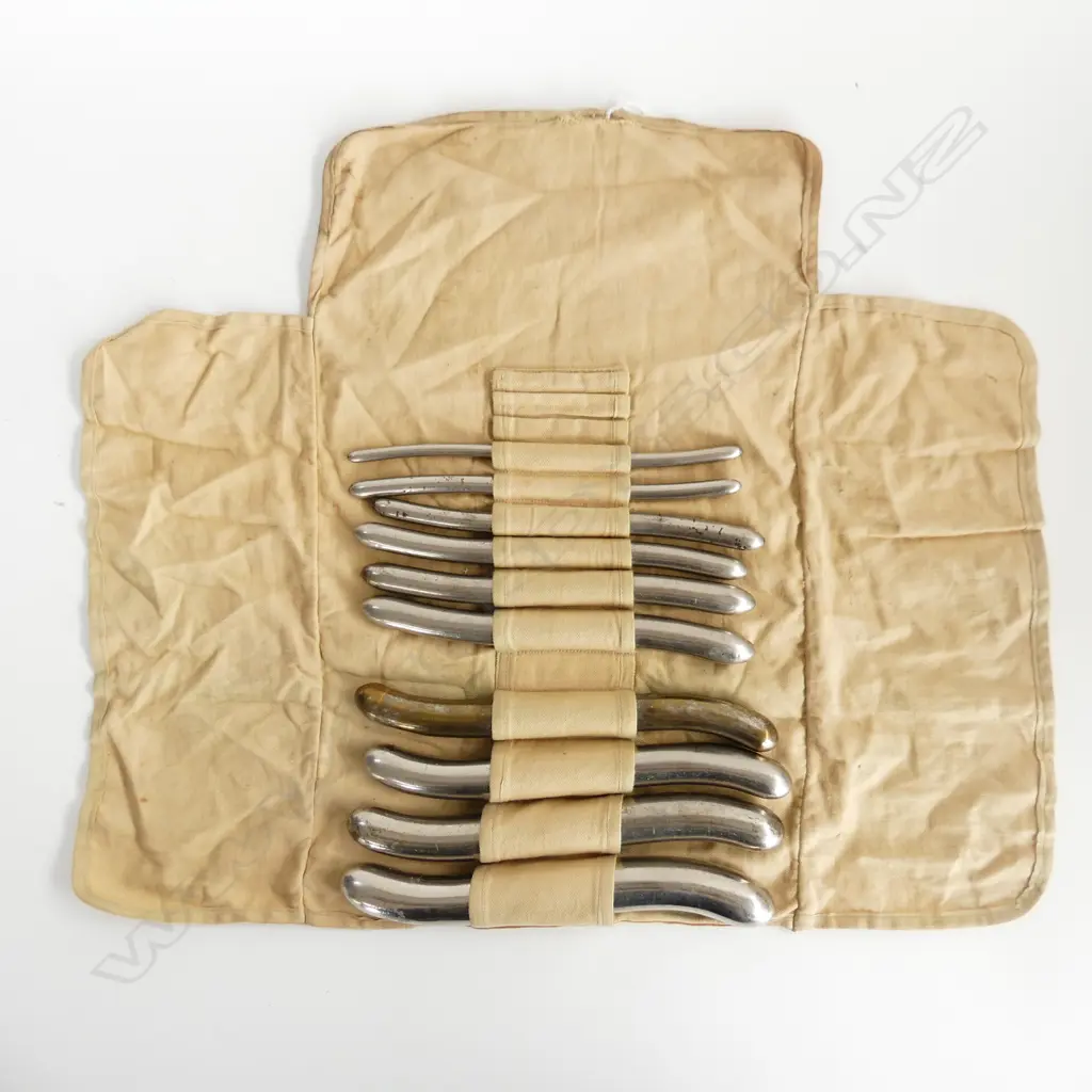 ANTIQUE MEDICAL SET OF 10 UTERINE DILATORS IN CANVAS ROLL Image 1++