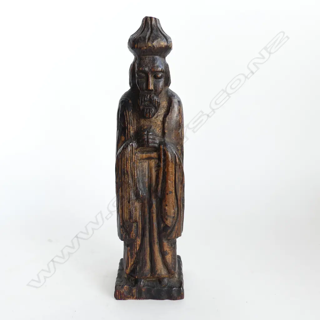EARLY PINE CARVING OF A RELIGIOUS FIGURE H 34C. Image 1++