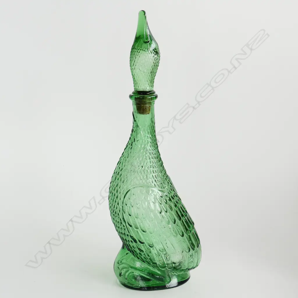 GREEN GLASS DUCK SHAPED BOTTLE & STOPPER H. 390mm Image 1++
