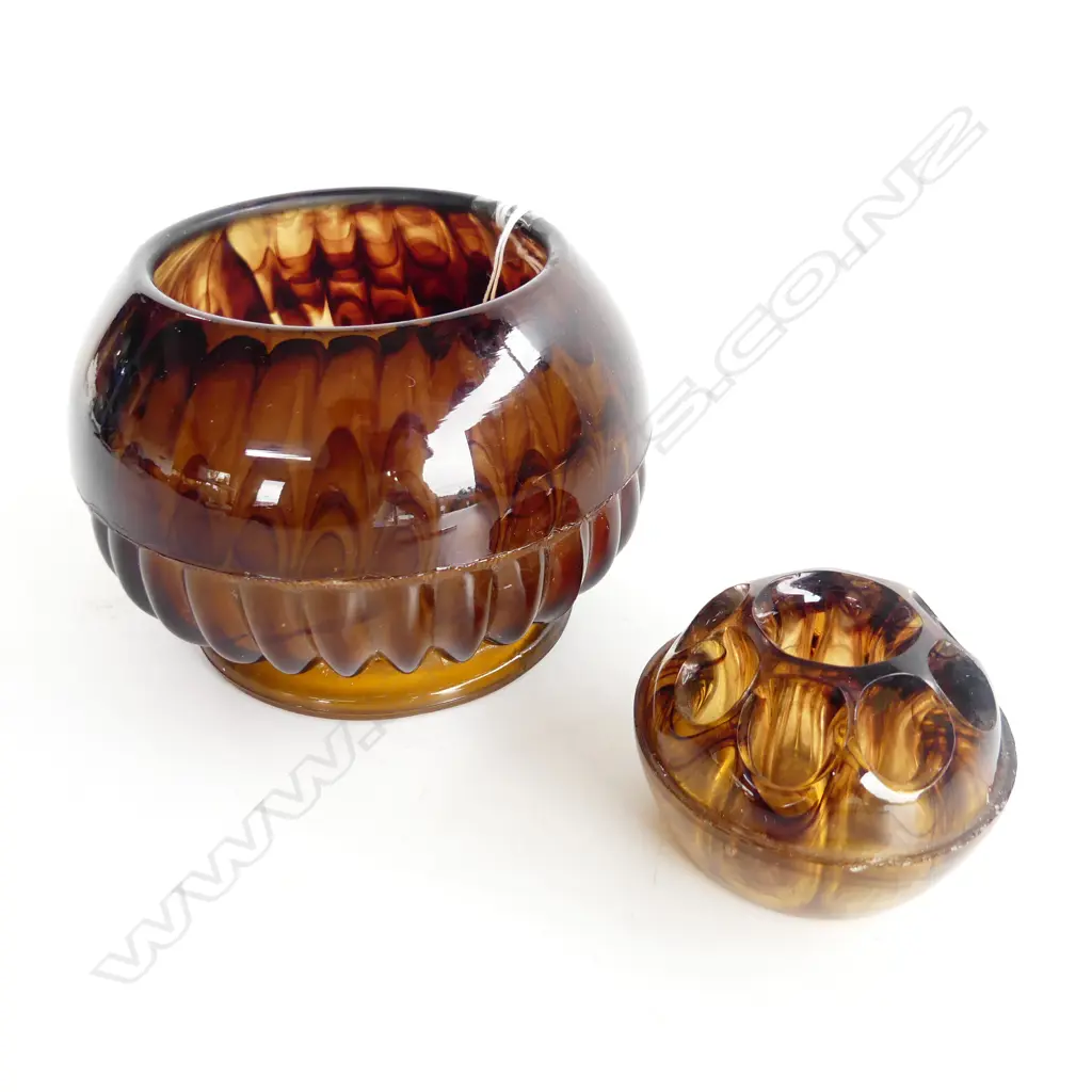 DAVIDSON CLOUD GLASS FLOWER BOWL WITH ORIGINAL GLASS FLOWER FROG INSERT ENGLAND D. 150mm Image 1++
