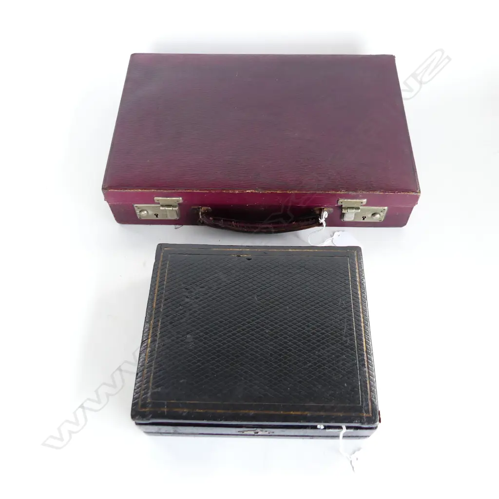 LEATHER COVERED WRITING CASE WITH TRAVELLING INKWELL AND KEY,ALONG WITH A SMALL LEATHER COVERED WRITING BOX. Image 1++