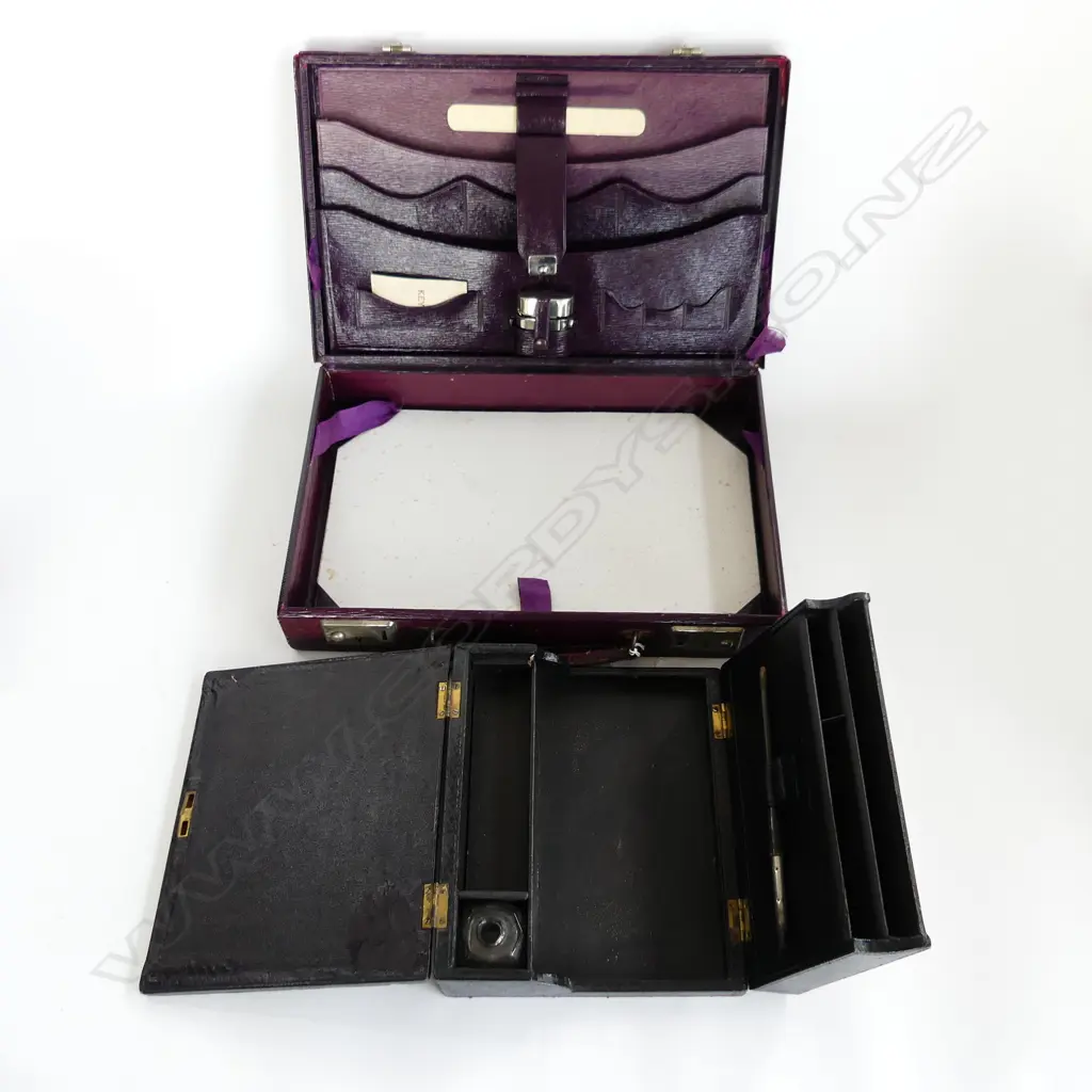 LEATHER COVERED WRITING CASE WITH TRAVELLING INKWELL AND KEY,ALONG WITH A SMALL LEATHER COVERED WRITING BOX. Image 1++