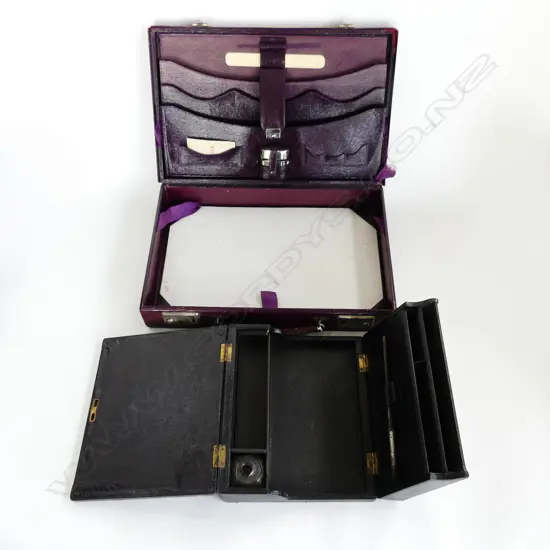 LEATHER COVERED WRITING CASE WITH TRAVELLING INKWELL AND KEY,ALONG WITH A SMALL LEATHER COVERED WRITING BOX.