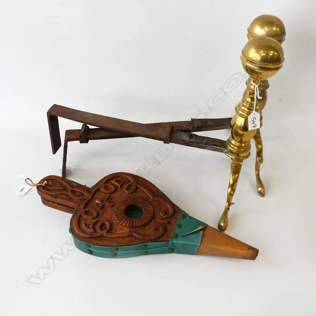 PR BRASS FIRE DOGS H.340 L.450mm + CARVED WOODEN BELLOWS L.460mm Image 1++