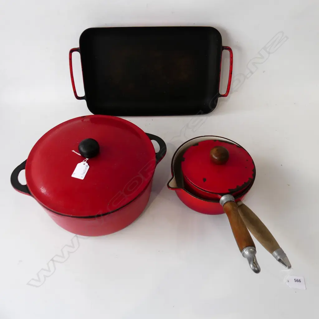 4 PCES RED ENAMEL COOKWARE; WATERFORD COLORCAST DISH 415x230mm, NOMAR FRANCE SAUCEPAN + 2 LIDDED POTS 255mm dia Image 1++
