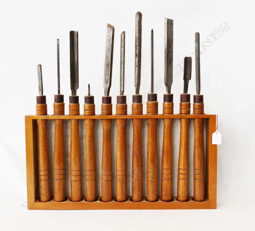 SET 11 ANTIQUE CHISELS IN FITTED WOODEN BOX, CHISEL L.340–530mm, BOX 540 x500 x 280mm Image 1++
