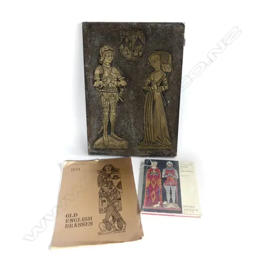 MEDIEVAL STYLE RESIN 'BRASS' ARTWORK; KNIGHT & LADY 575x410mm + BOOK, CALENDAR & WAX
