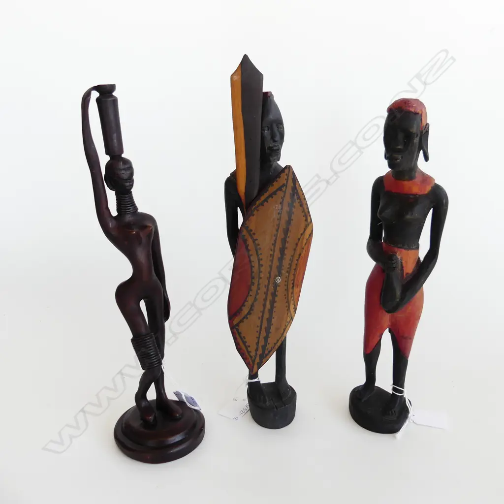 3 CARVED WOODEN AFRICAN TRIBAL FIGURES, H. 340, 320 & 305mm Image 1++