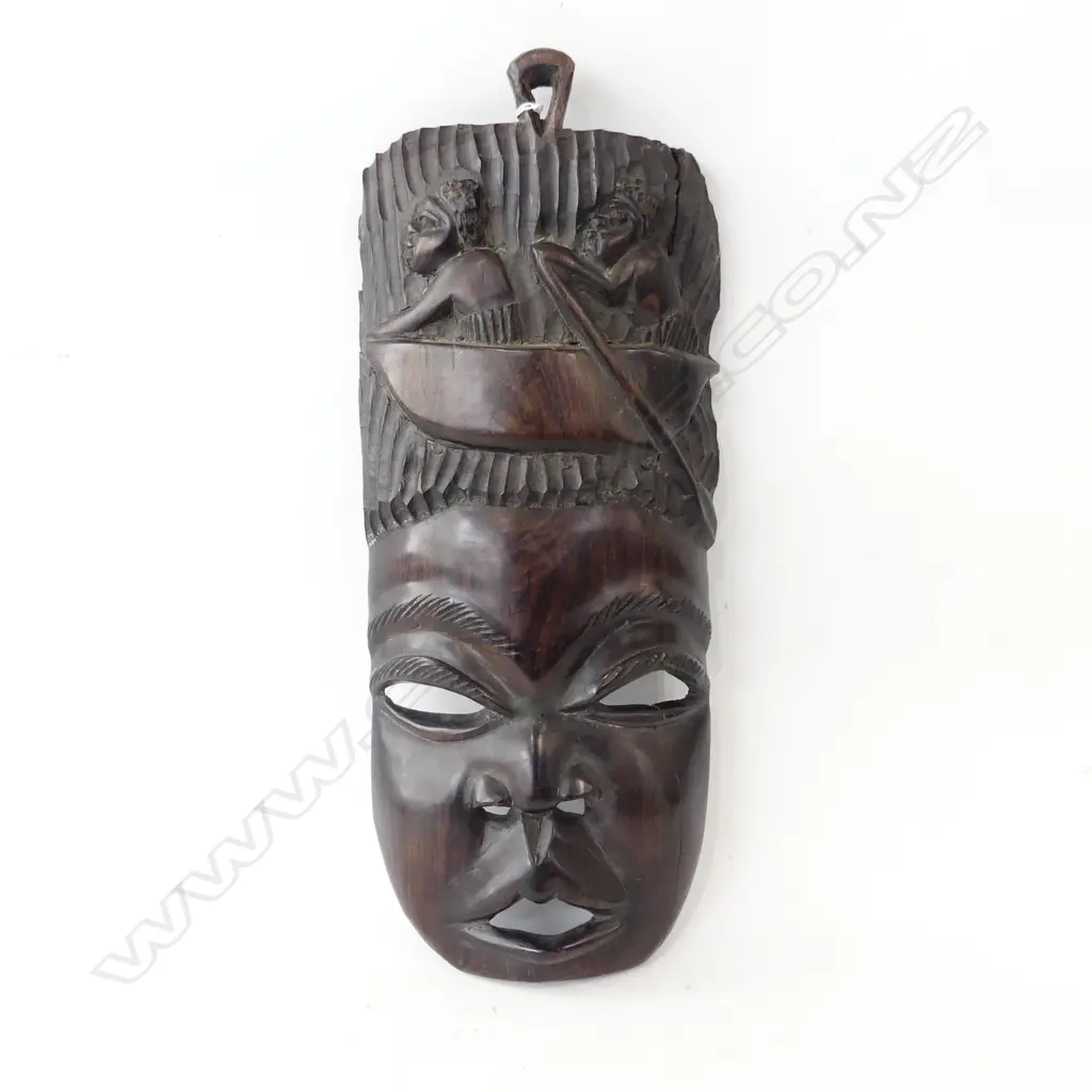 AFRICAN CARVED EBONY MASK figures in canoe to the top H.460mm. Image 1++