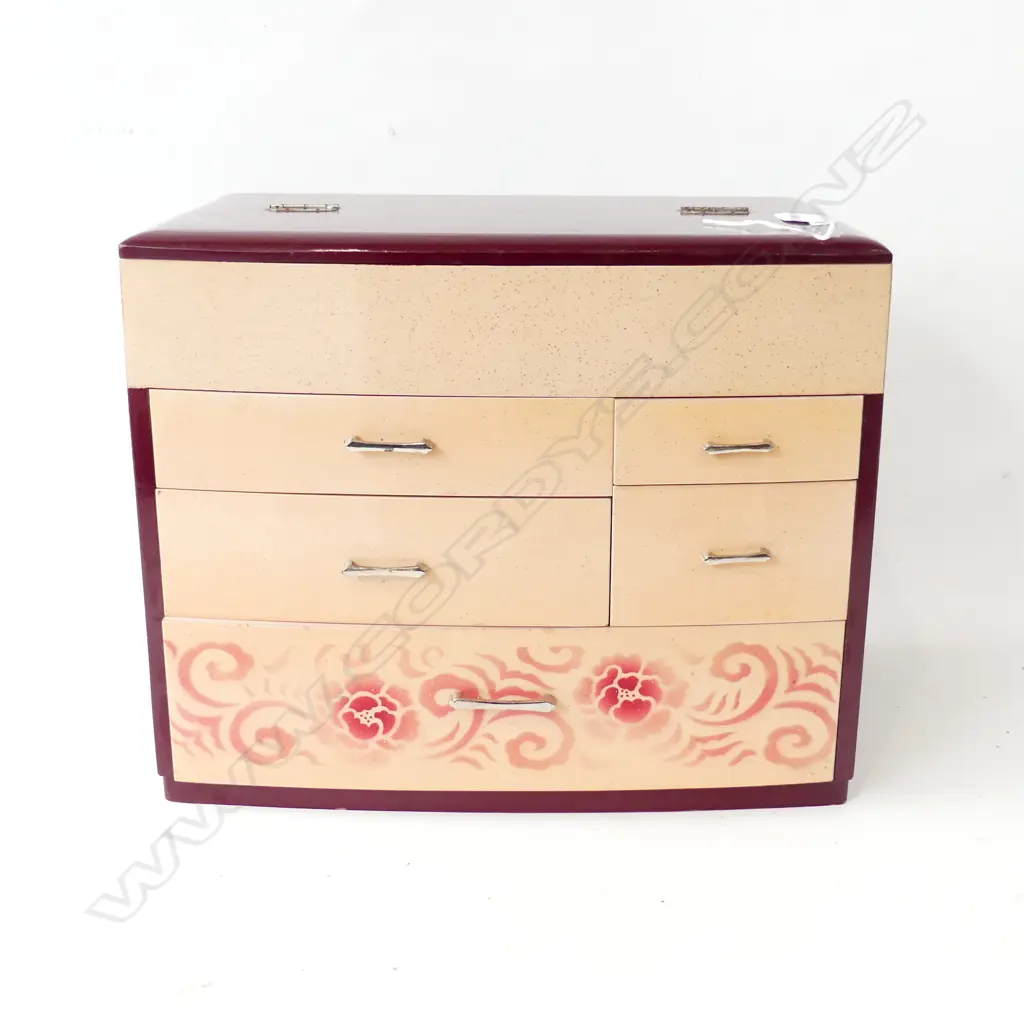 1970’S JAPANESE SEWING BOX H.260mm. red & pale lacquered Image 1++