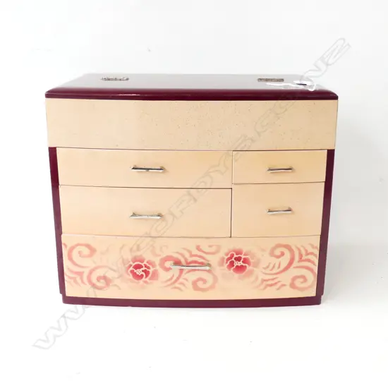 1970’S JAPANESE SEWING BOX H.260mm. red & pale lacquered