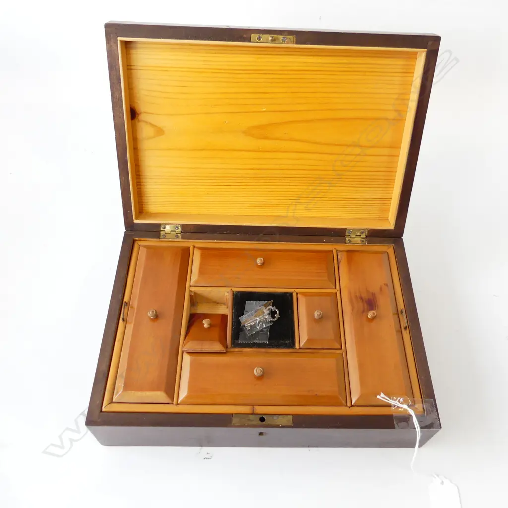 VINTAGE INLAID WOODEN JEWELLERY BOX, TRAY WITH 6 LIDDED COMPARTMENTS 270 X 185mm COMES WITH KEY Image 1++