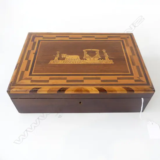 VINTAGE INLAID WOODEN JEWELLERY BOX, TRAY WITH 6 LIDDED COMPARTMENTS 270 X 185mm COMES WITH KEY