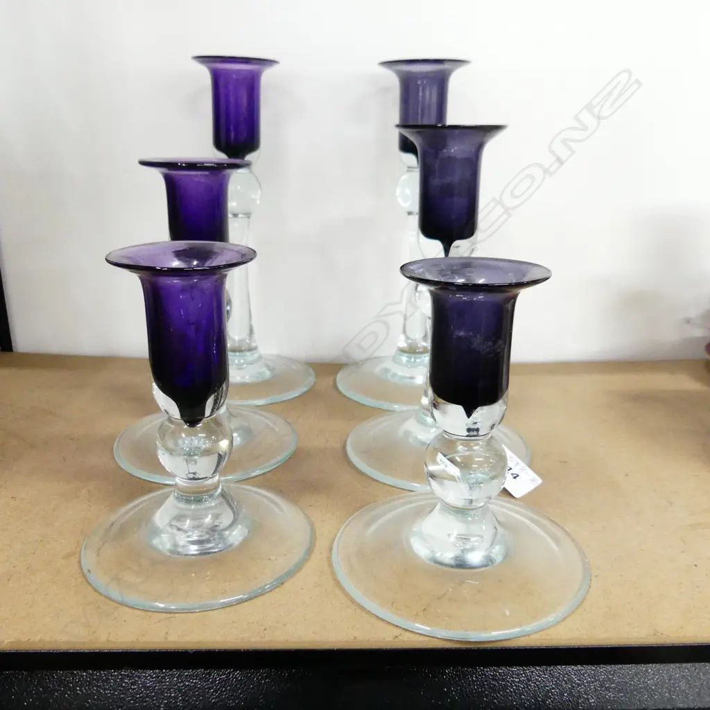 3 PRS HOGLUND GLASS CANDLE HOLDERS, PURPLE & CLEAR GLASS H. 210, 170, 125mm Image 1++