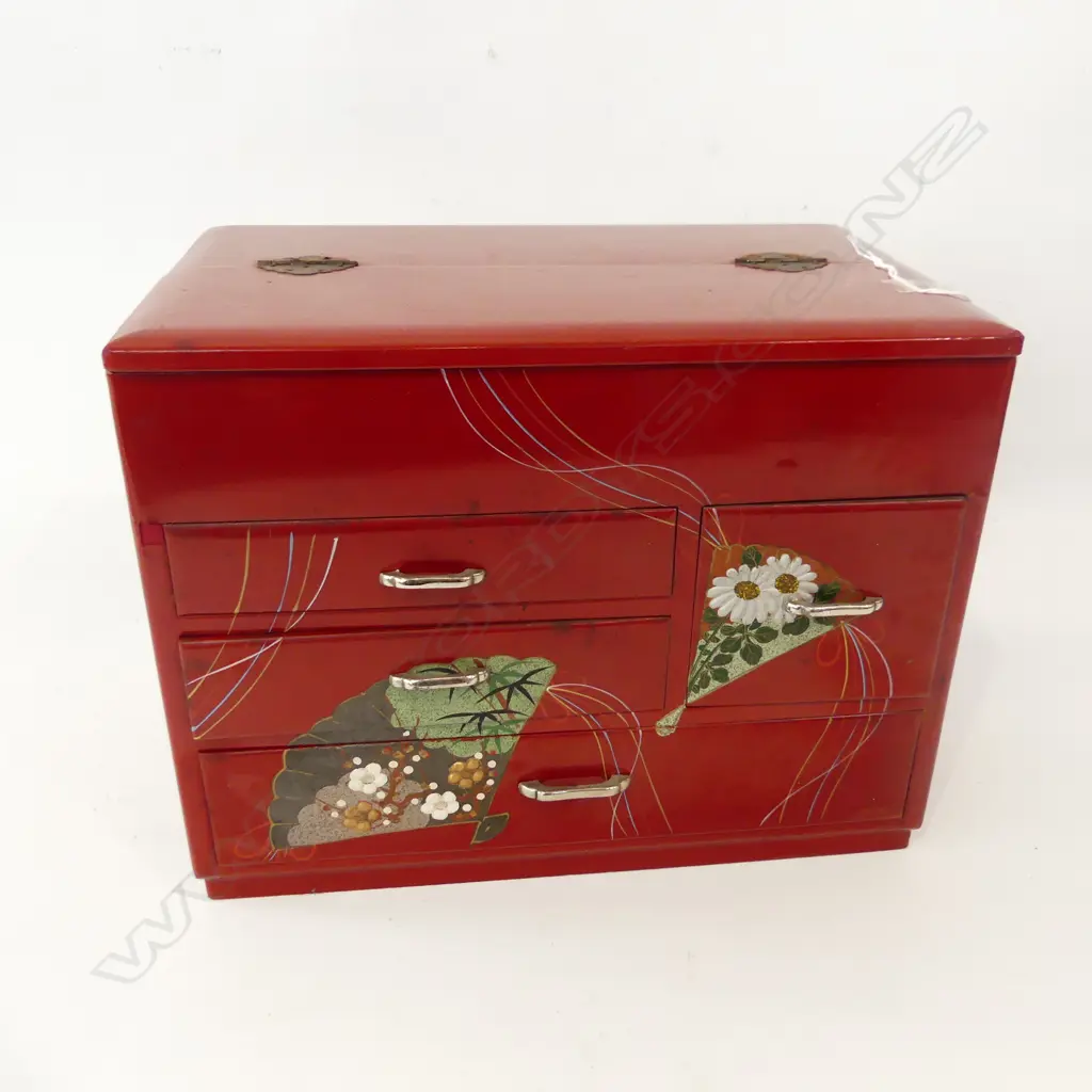 1970’S JAPANESE SEWING BOX red lacquered w painted floral fan designs. H.230mm Image 1++