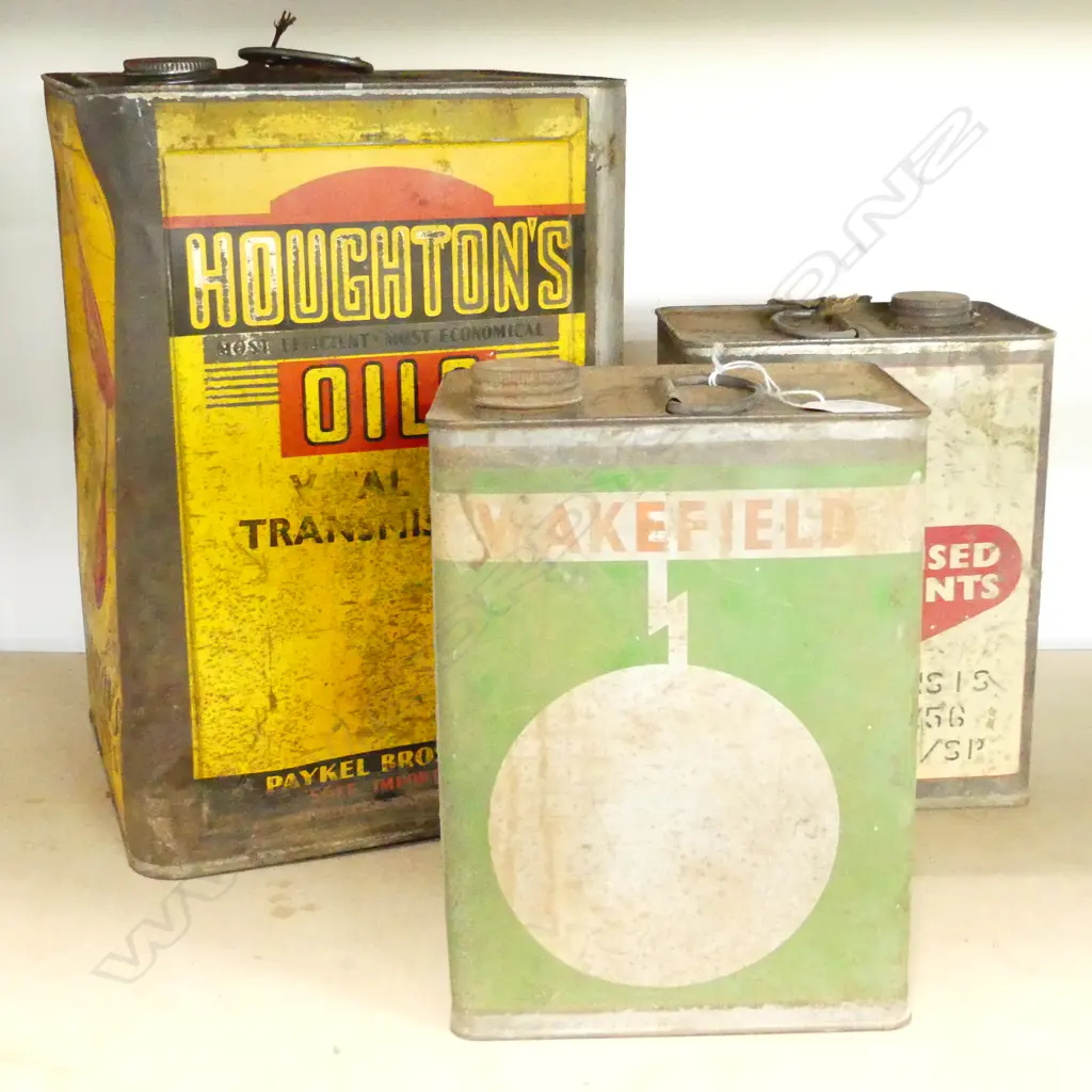 3 VINTAGE OIL CANS; WAKEFIELD, SHELL, HOUGHTONS 240x240x345mm Image 1++