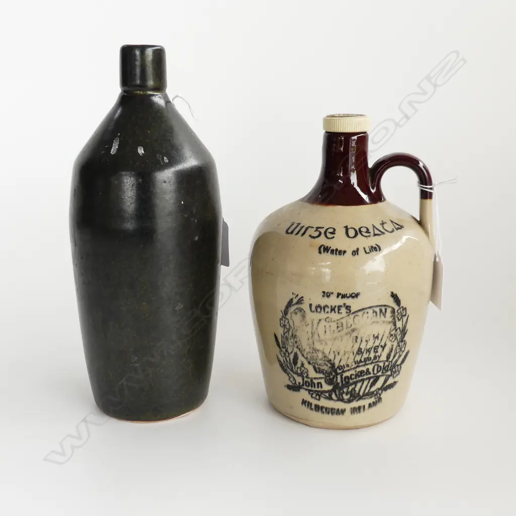 KILBEGGAN IRISH WHISKEY STONEWARE JAR  (H. 210mm) + EARLY STONEWARE JIM BEAM BOTTLE  (H.240mm) Image 1++