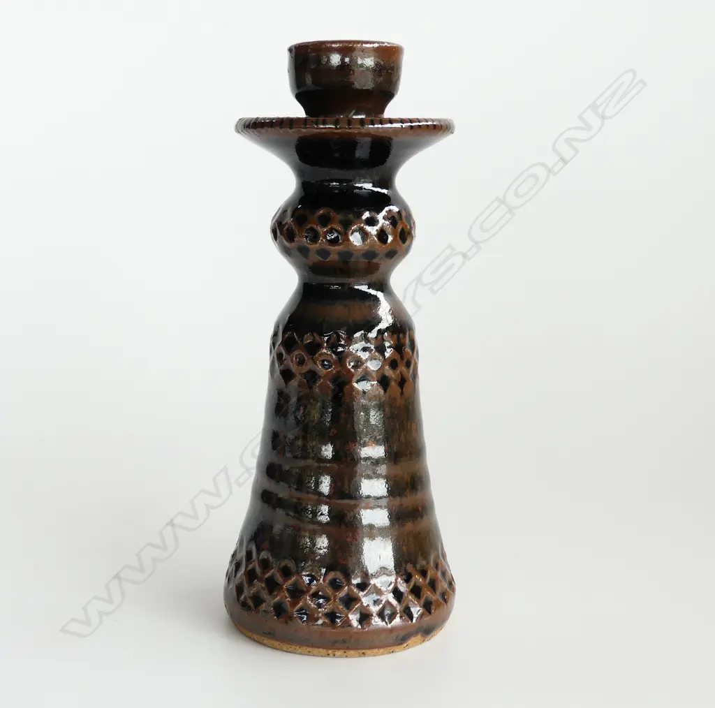 MIREK SMISEK CANDLESTICK,TENMOKU GLAZE w. IMPRESSED BANDING DECORATION - IMPRESSED MARK H. 215mm Image 1++