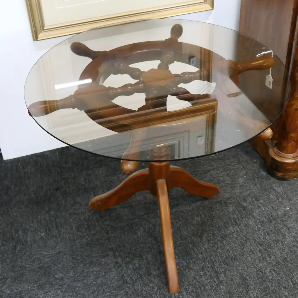 CAPTAINS WHEEL GLASS TOP SIDE TABLE H.510mm / 610mm dia Image 1++
