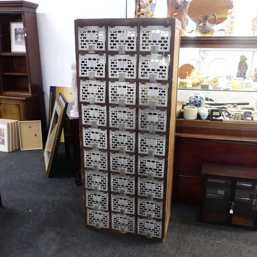VINTAGE PIGEON HOLE STORAGE CABINET 27 NUMBERED ALUMINIUM DOORS SOLID WOOD CONSTRUCTION H1730 W710 D400mm Image 1++