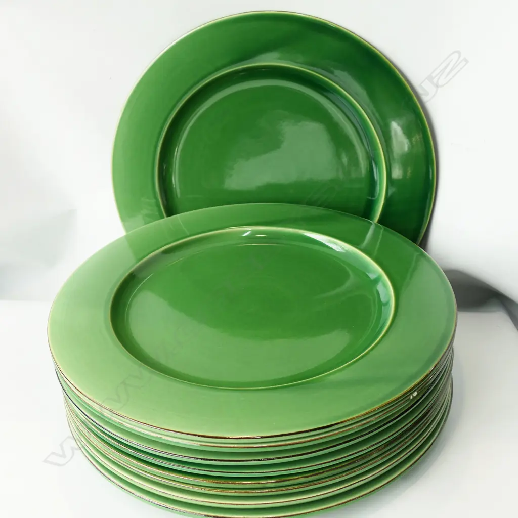 9 LG GREEN GLAZED PLATES BY HABITAT 330mm dia (1 w. CHIP) Image 1++