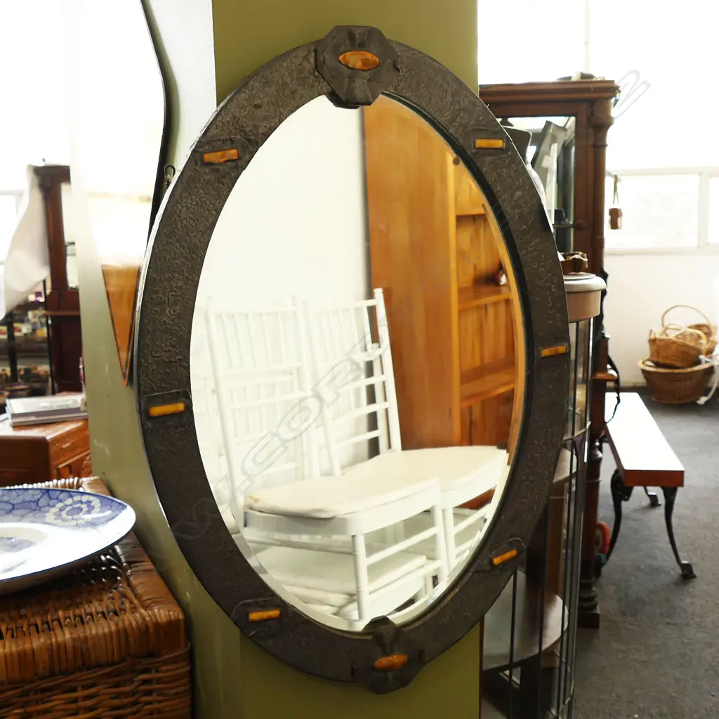ARTS & CRAFTS OVAL MIRROR w. LEAD FRAME 725x500mm Image 1++
