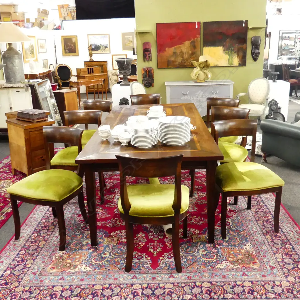 QUALITY DINING TABLE (1050x2015mm) w. 8 CHAIRS; GREEN VELVET SEATS + EXTRA FABRIC Image 1++