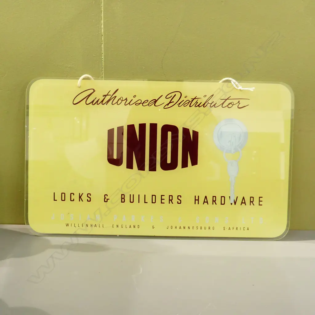 VINTAGE GLASS SIGN 'UNION / LOCKS & BUILDERS HARDWARE 305x510mm Image 1++