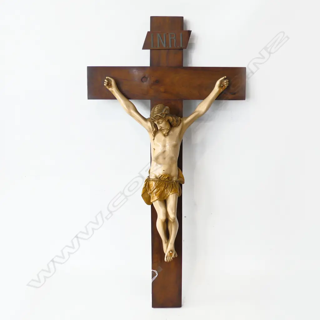 OLD PAINTED PLASTER CRUCIFIX JESUS ON WOODEN CROSS 850 X 435mm Image 1++