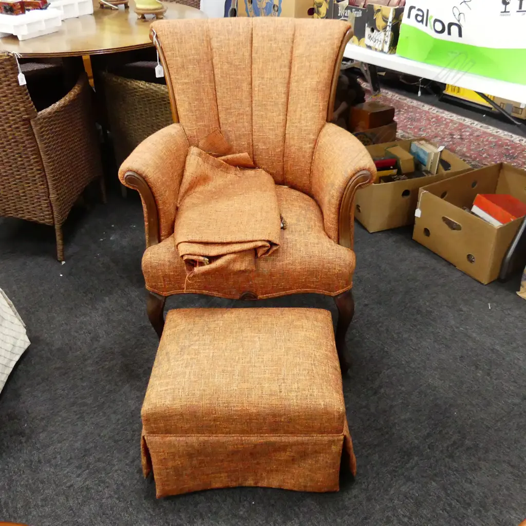 UPHOLSTERED CHAIR w. MATCHING FOOTSTOOL + EXTRA FABRIC Image 1++