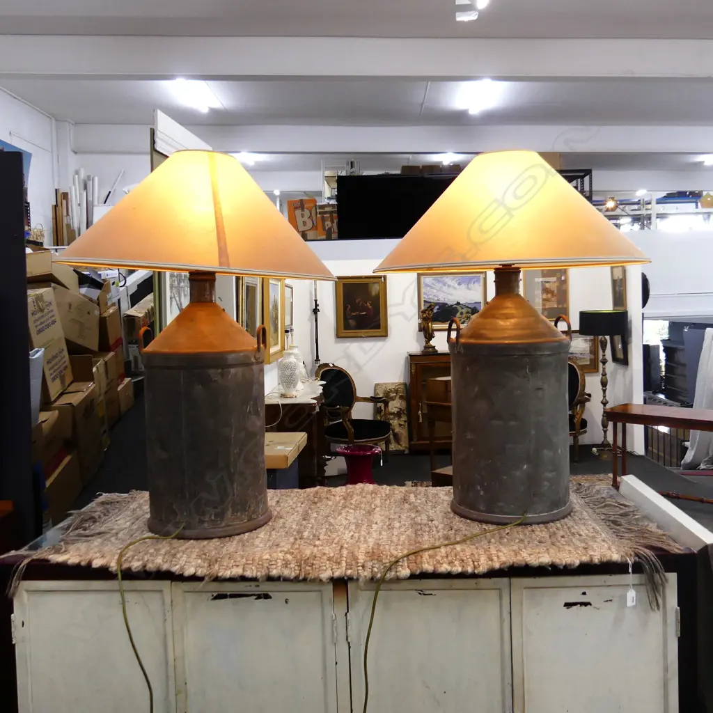 PAIR TALL VINTAGE FRENCH MILK CAN LAMPS WITH SHADES Image 1++