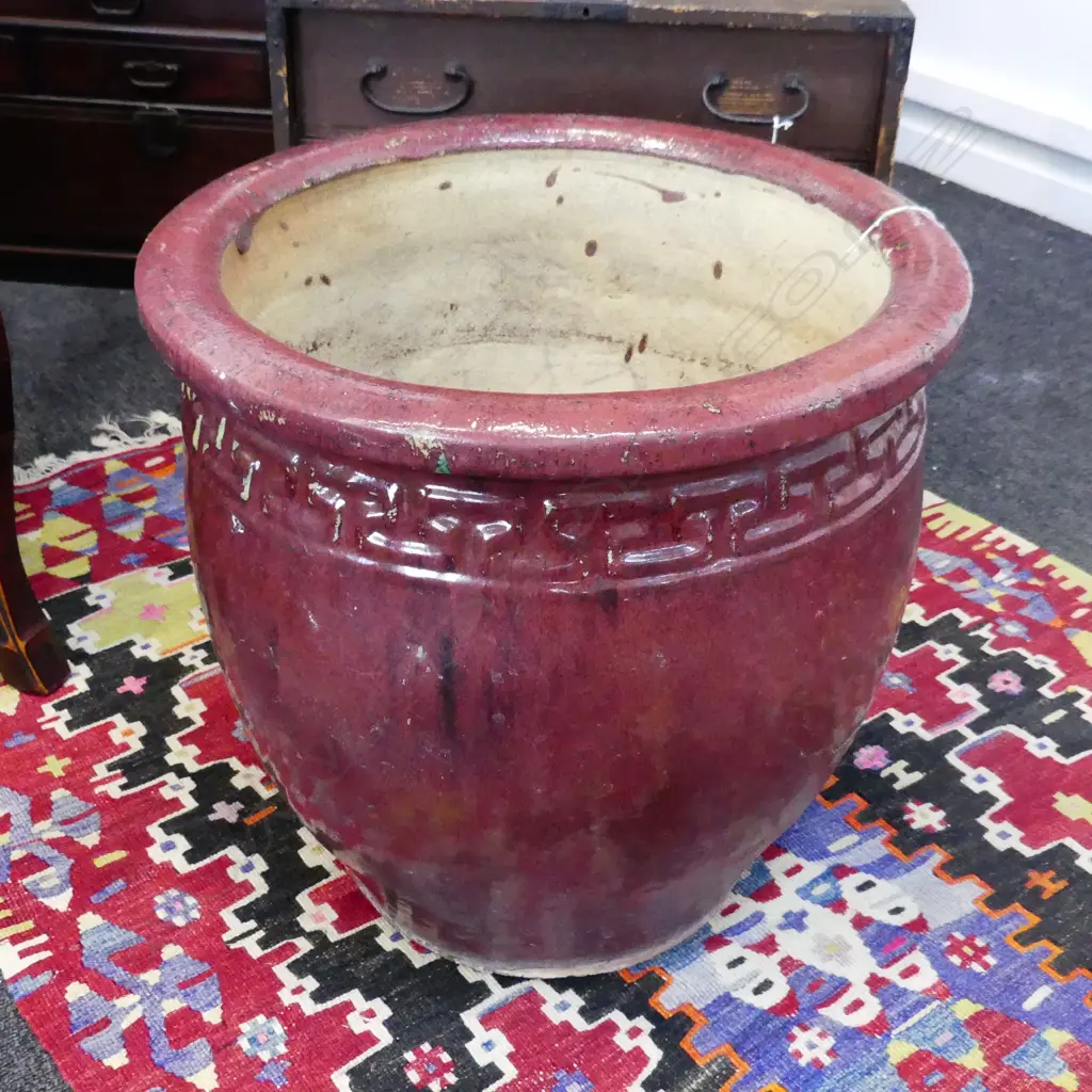 LG RED GLAZED GARDEN POT CRACKS TO INTERIOR BASE H.435 / 440mm dia Image 1++