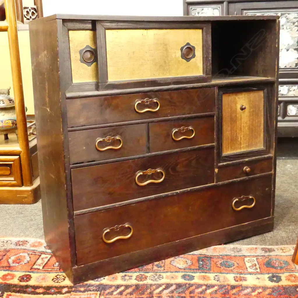 OLD JAPANESE SMALL CABINET 3 doors 6 drawers bronze handles H.595mm Image 1++