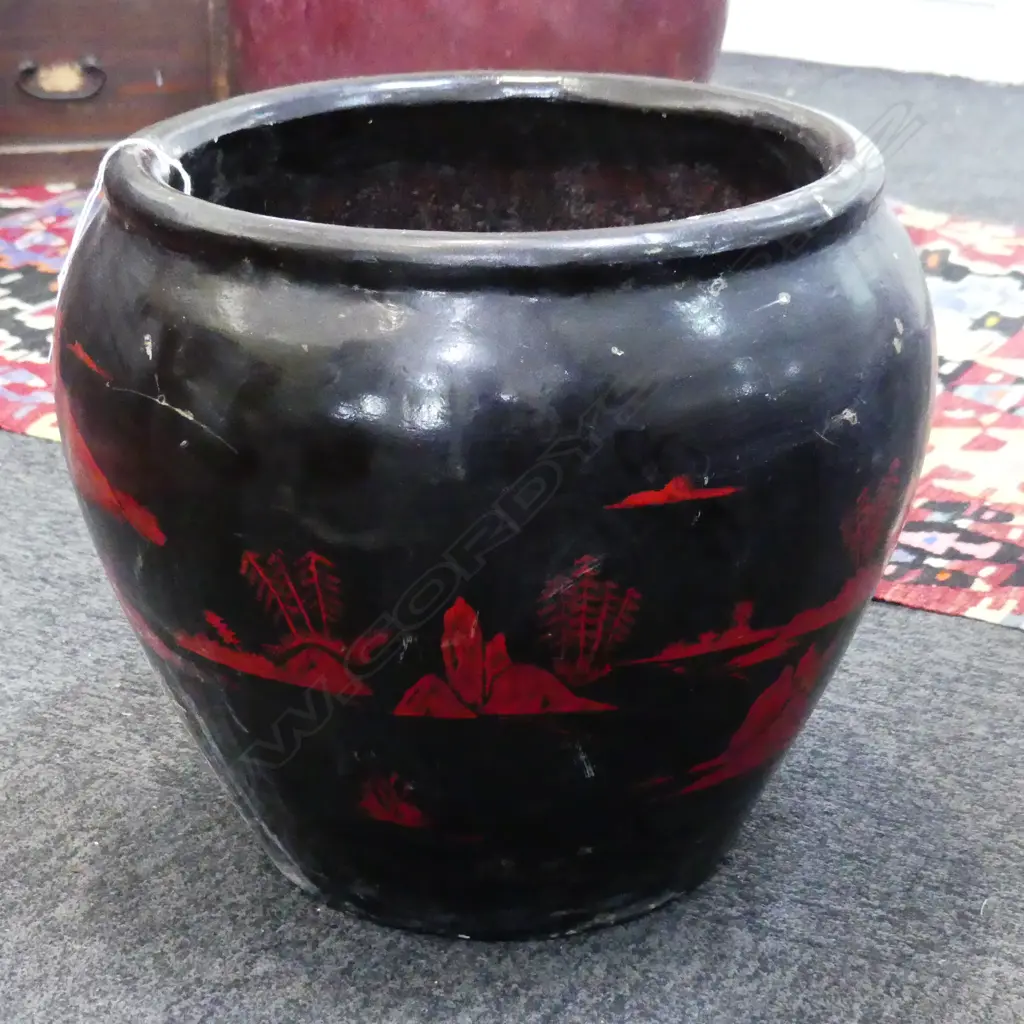 LG ORIENTAL JARDINERE w. PAINTED RED LANDSCAPE H.320mm / 360mm dia Image 1++
