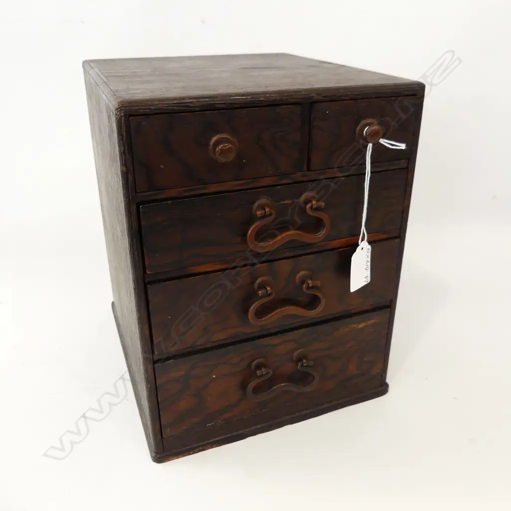 OLD JAPANESE SMALL ELM CHEST H.265mm bronze handles Image 1++