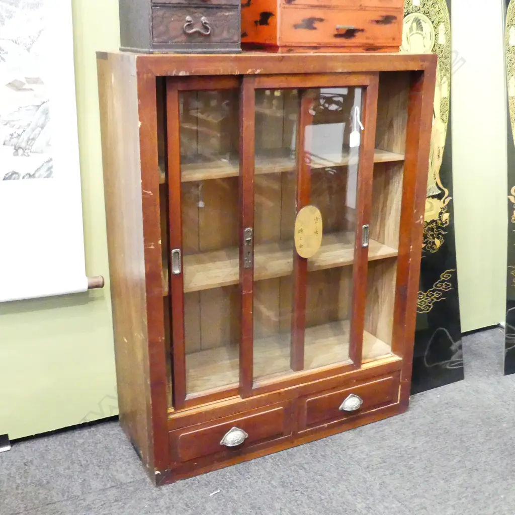 MEIJI PERIOD BOOKCASE SOLID WOOD 2 GLAZED DOORSD. 2 DRAWERS H100MM Image 1++