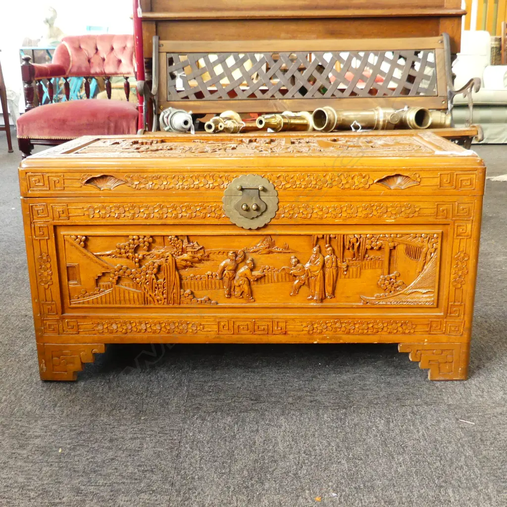 VINTAGE CAMPHOR CHEST top & all sides carved L.890mm Image 1++