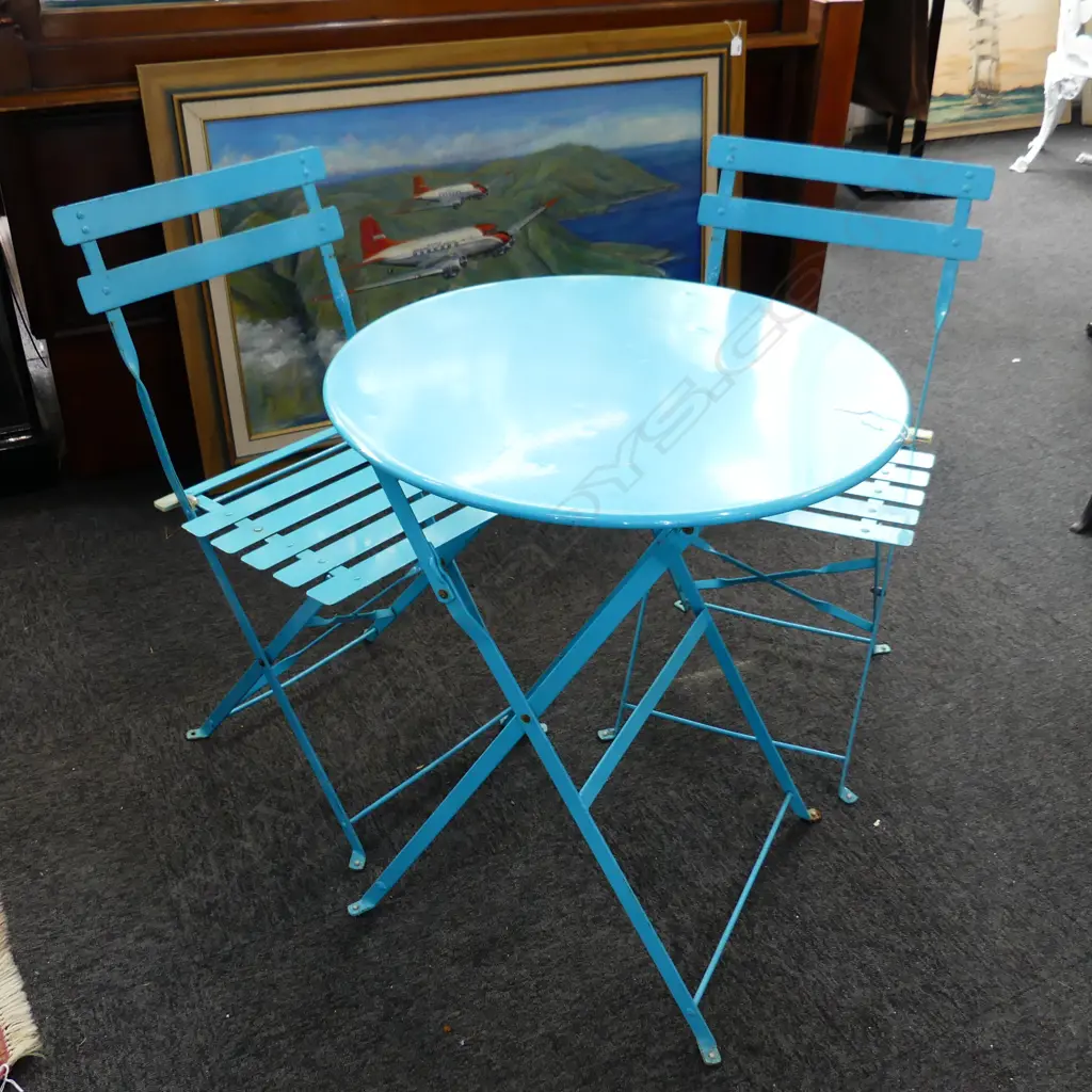 BLUE METAL FOLDING PATIO SET; PR CHAIRS + TABLE 600mm dia Image 1++