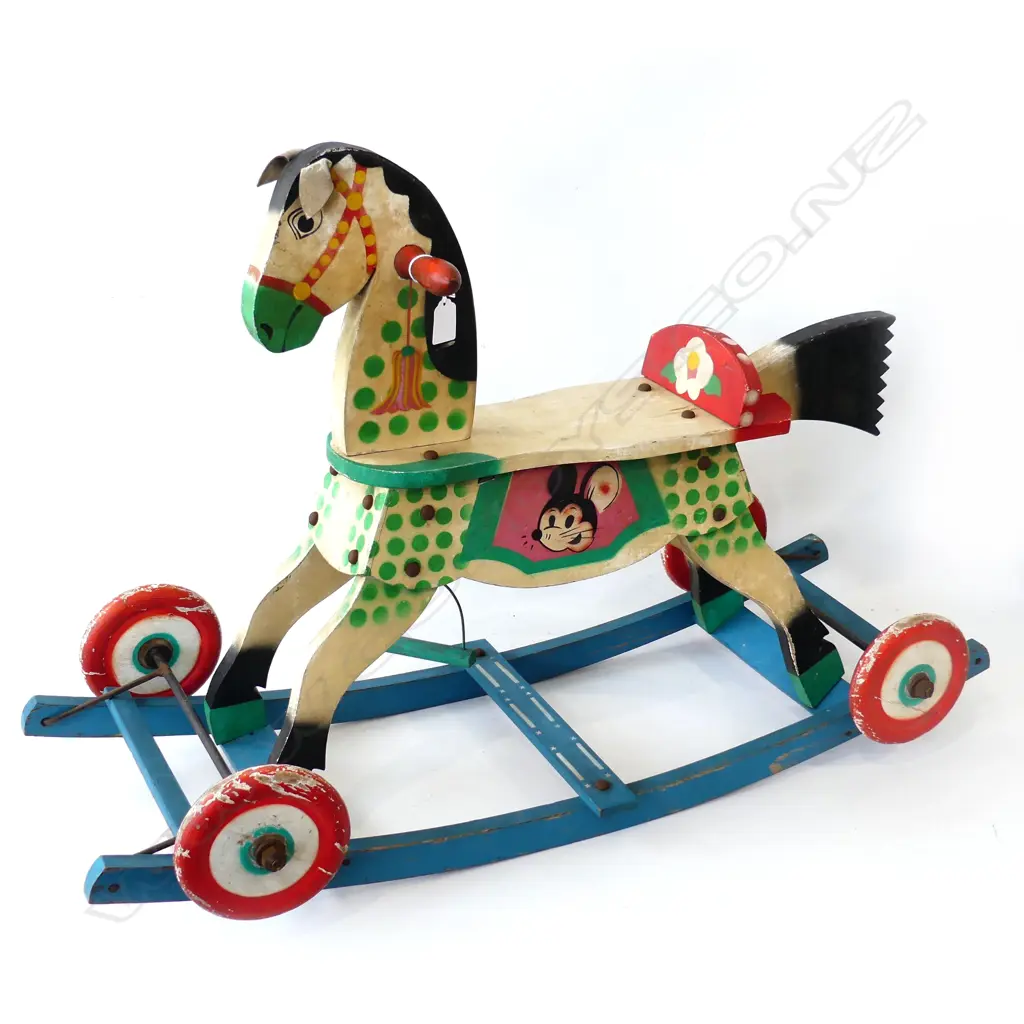 VINTAGE 30’S MINNIE MOUSE WOODEN ROCKING AND ROLLING HORSE H.625mm W.880mm  1 STIRRUP MISSING Image 1++