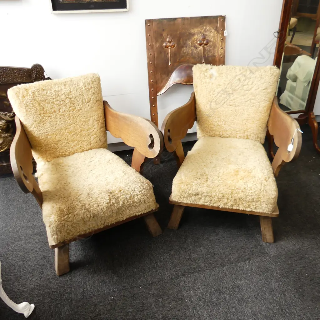 PR EARLY 20thC OAK CHAIRS w. SHEEPSKIN UPHOLSTERY EX. NAPIER HOTEL 670x720x750mm Image 1++