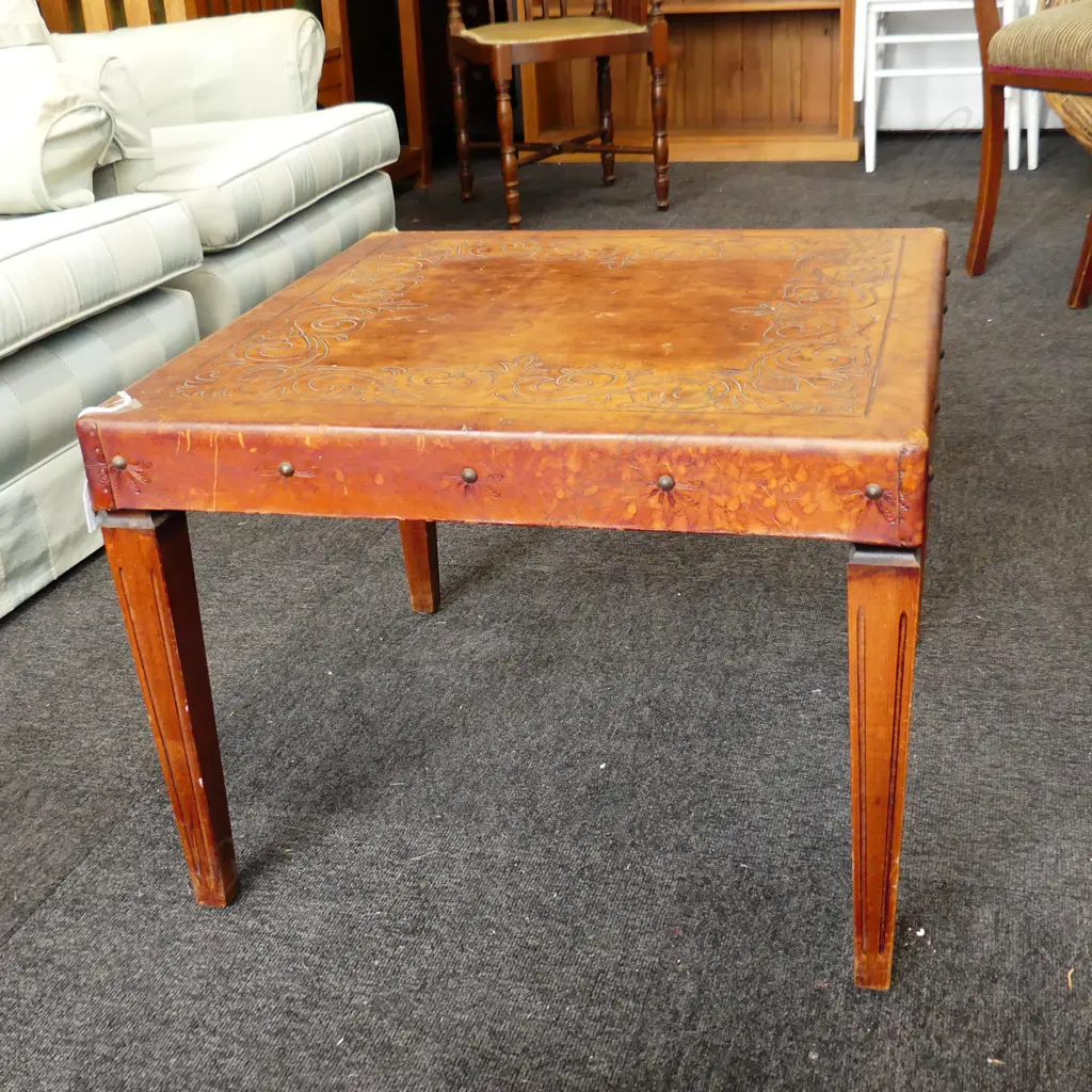 VINTAGE TOOLED LEATHER SQUARE TABLE 560 X 560mm Image 1++