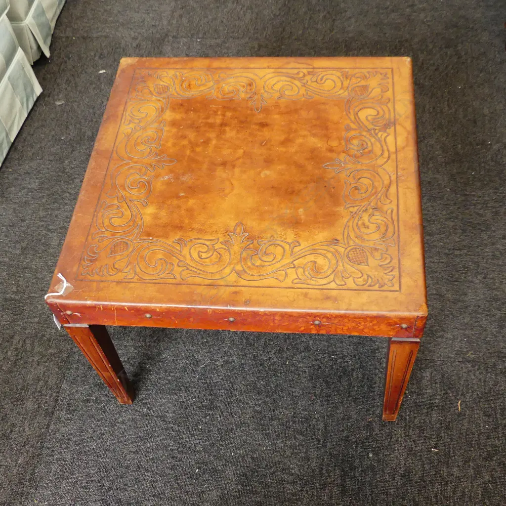 VINTAGE TOOLED LEATHER SQUARE TABLE 560 X 560mm Image 1++