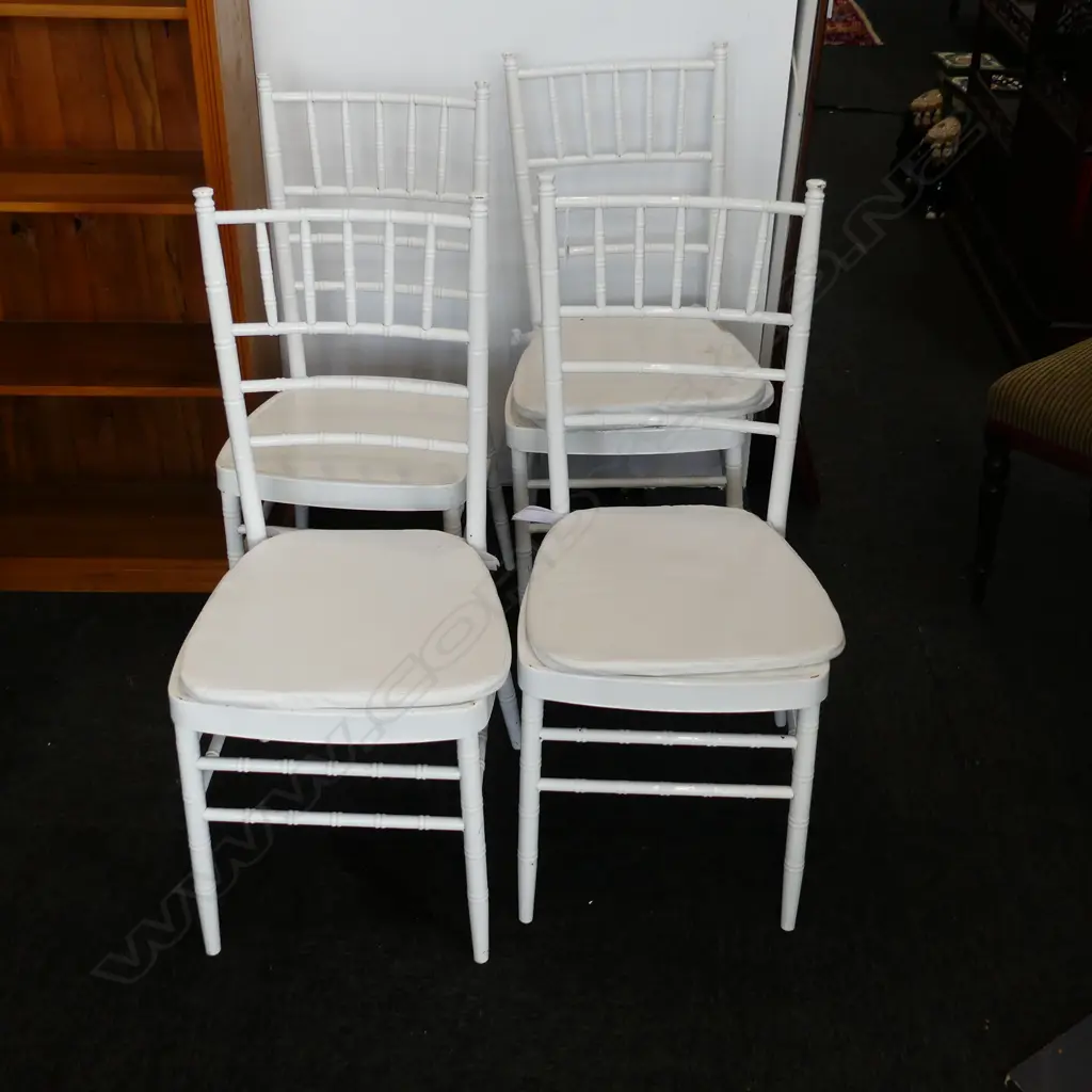 4 WHITE METAL FAUX BAMBOO CHIAVARI CHAIRS w. 4 CUSHIONS Image 1++