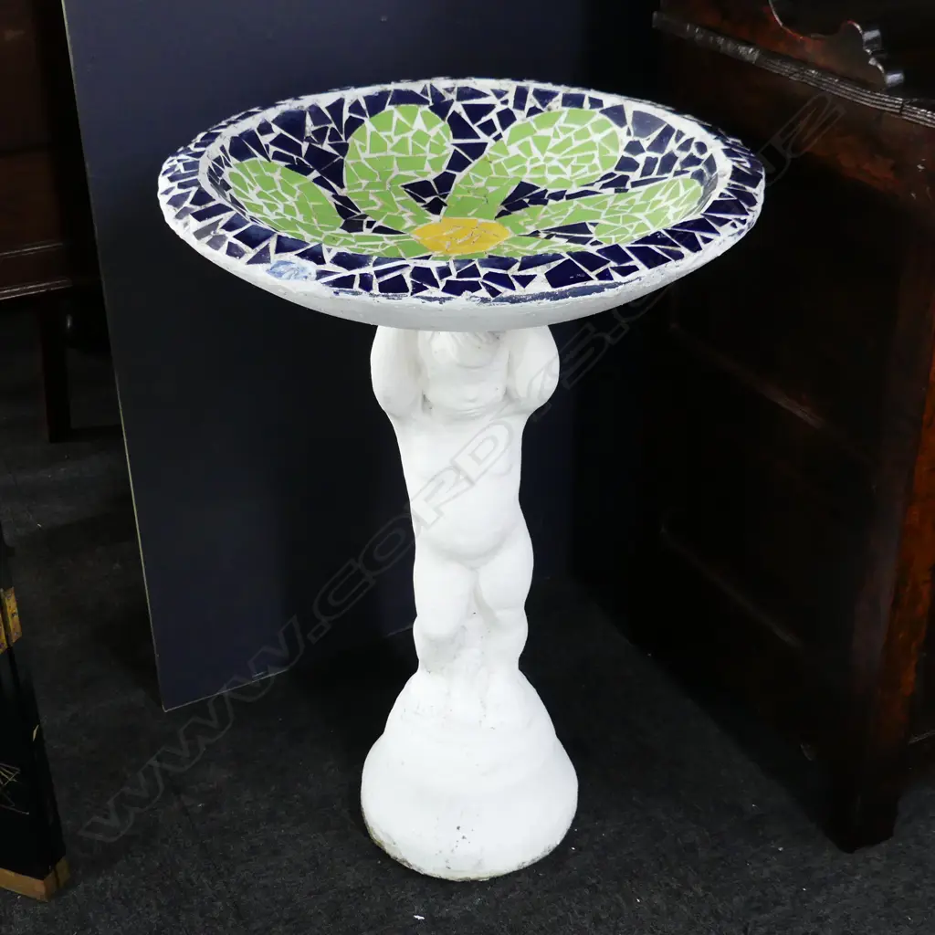 CONCRETE BIRD BATH  WITH MOSAIC TOP, H. 870mm DIA 600mm Image 1++