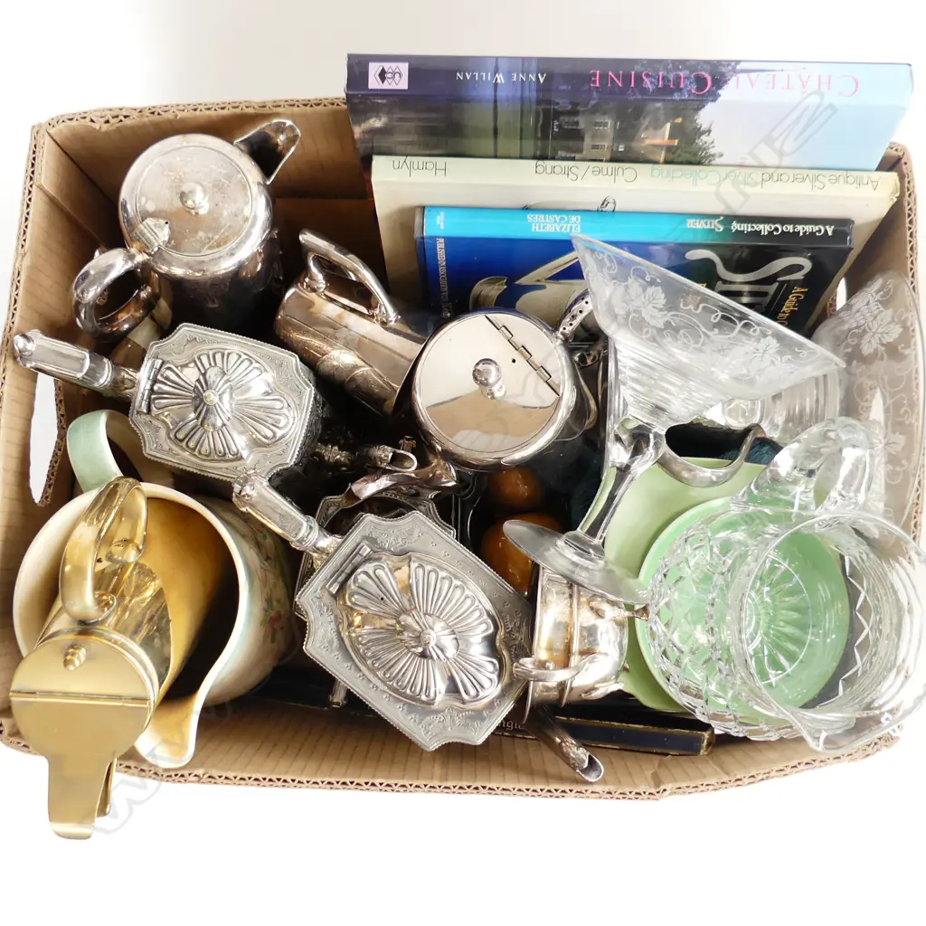 BOX LOT ASST. SILVER PLATE, CRYSTAL, 2 BOOKS ON SILVER, CASED CUTLERY ETC Image 1++