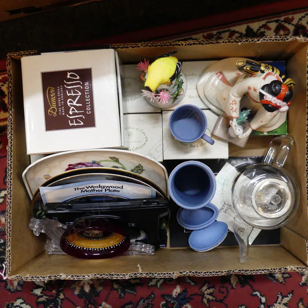 BOX LOT ASST. FINE CHINA; PLATES, BOXED MUSIC BOXES, JAPANESE WOMAN ETC Image 1++