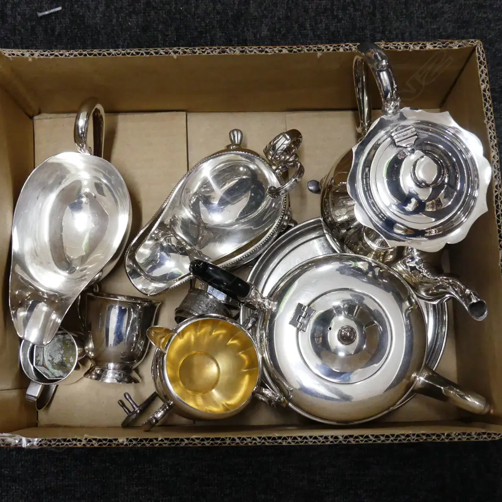 GOOD BOX LOT SILVER PLATE, COFFEE POT, TEA POT, GRAVY JUGS ETC. Image 1++