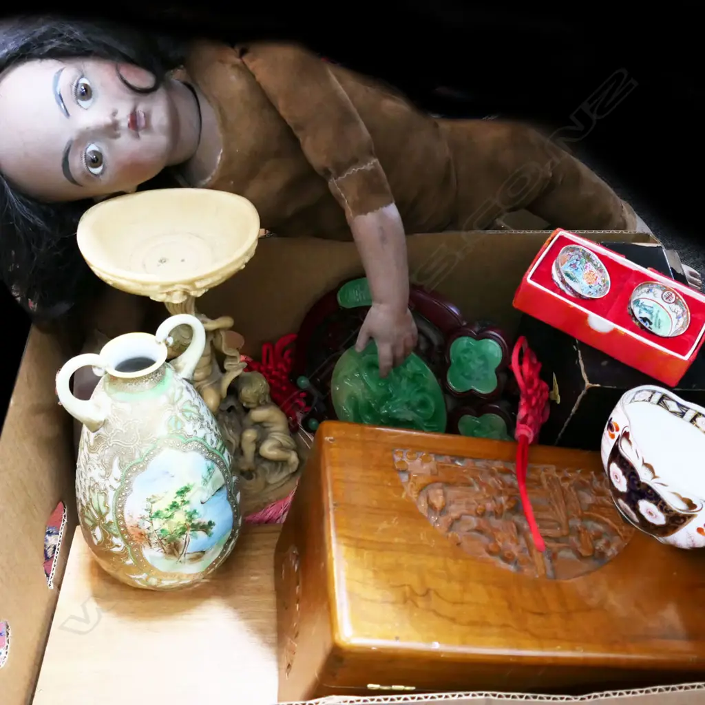 BOX LOT ASST. ORIENTAL ITEMS, DOLL ETC Image 1++