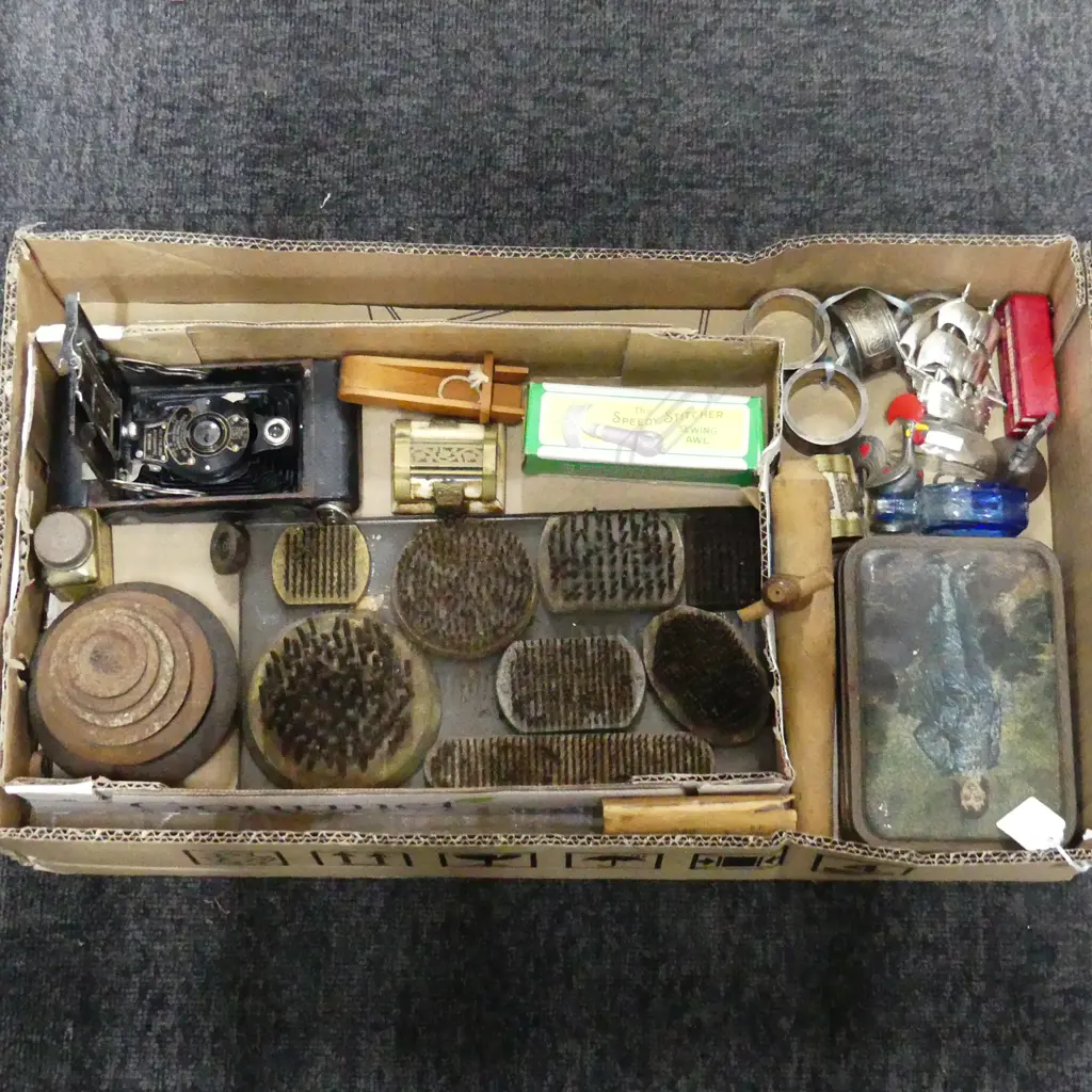BOX LOT ASST.; FLOWER FROGS, OLD CAMERA ETC Image 1++
