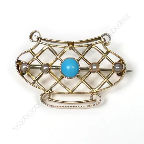 A vintage 15ct gold seed pearl and turquoise brooch,